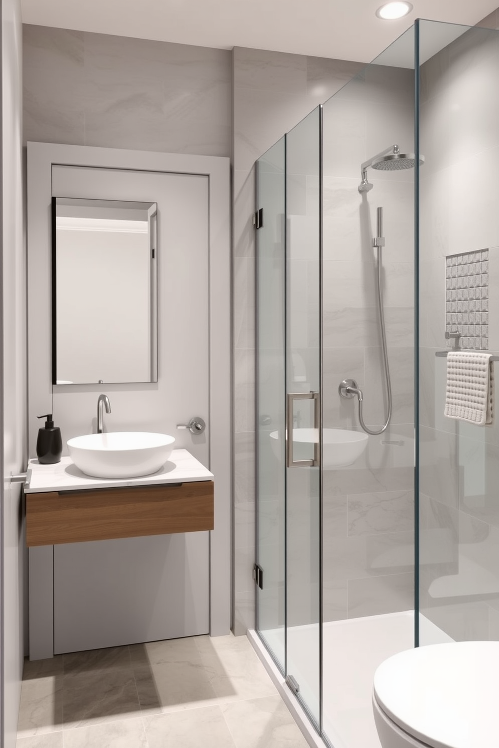 A modern 5x7 bathroom features a sleek pocket door that seamlessly blends into the wall to save space. The design includes a floating vanity with a quartz countertop, complemented by a stylish vessel sink and contemporary faucet. The walls are adorned with large format tiles in a soft gray tone, creating a serene atmosphere. A frameless glass shower enclosure showcases a rainfall showerhead and elegant tile work, while plush towels are neatly arranged on a minimalist rack.