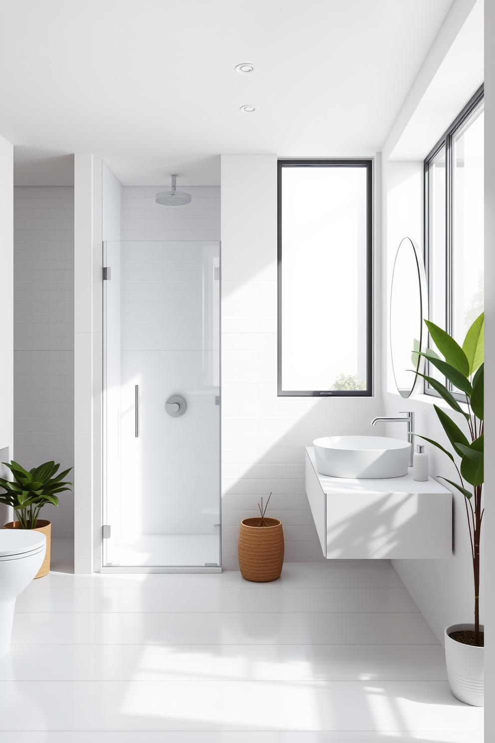 A modern minimalist bathroom features sleek white tiles that create a clean and airy atmosphere. The design includes a spacious walk-in shower with glass doors, complemented by a floating vanity with a simple, elegant basin. Natural light floods the space through a large window, enhancing the bright and open feel. The color palette is kept neutral, with touches of greenery from potted plants strategically placed around the room.