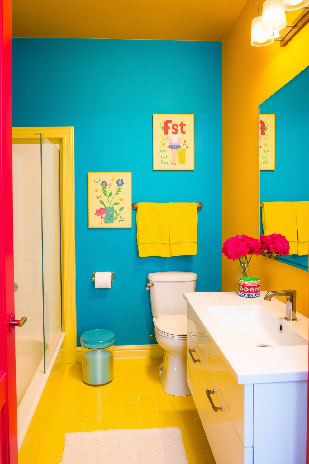 Bright colors fill the bathroom with an energetic vibe, featuring a vibrant blue accent wall adorned with playful wall art that showcases whimsical designs. The space includes a sleek white vanity with colorful accessories, and the floor is covered in cheerful yellow tiles that complement the overall lively atmosphere.