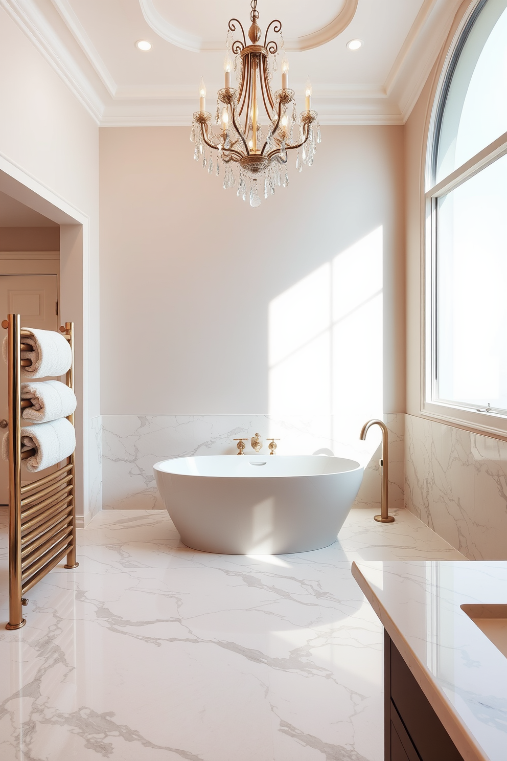 A luxurious bathroom setting featuring elegant marble countertops and a matching backsplash. The space is designed with a freestanding soaking tub centered under a large window, allowing natural light to flood the room. Soft ambient lighting illuminates the area, highlighting the intricate veining of the marble. A stylish chandelier hangs above, adding a touch of glamour to the overall aesthetic. The walls are adorned with soft neutral tones, creating a serene backdrop for the opulent fixtures. Plush towels are neatly arranged on a heated towel rack, enhancing the feeling of comfort and luxury.