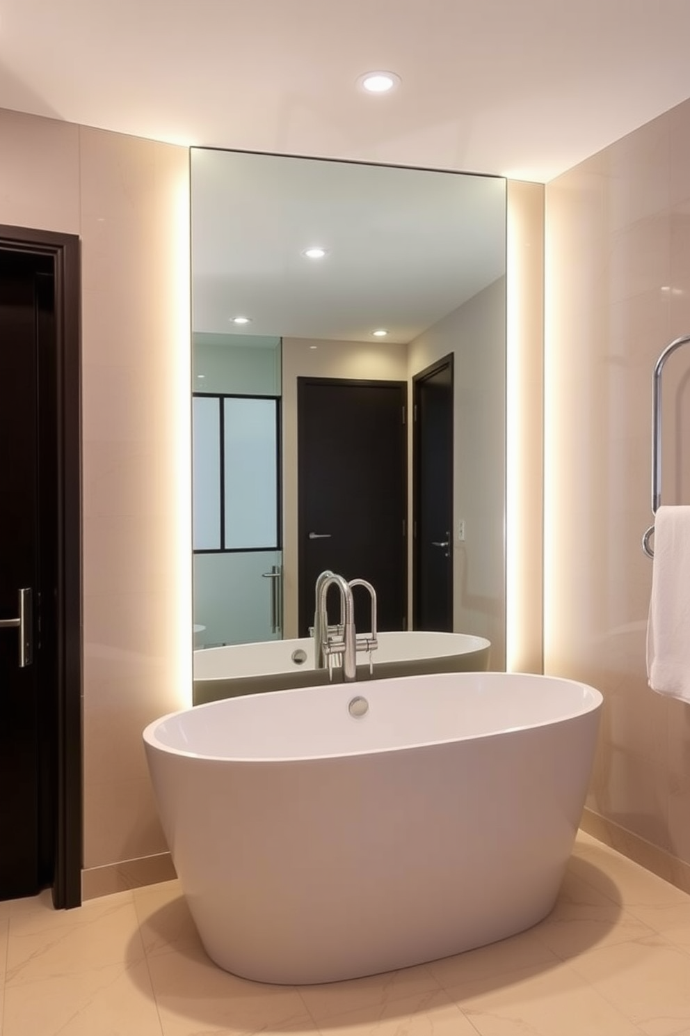 A stylish bathroom featuring dual sinks for shared convenience. The design includes a sleek wooden vanity with a polished granite countertop and elegant fixtures. The walls are adorned in a soft gray hue, complemented by chic white subway tiles. A large mirror spans above the sinks, reflecting the warm ambient lighting from decorative sconces. The floor showcases a contemporary geometric pattern in muted tones, adding depth to the space. Fresh greenery in a minimalist vase brings a touch of nature to the serene environment.