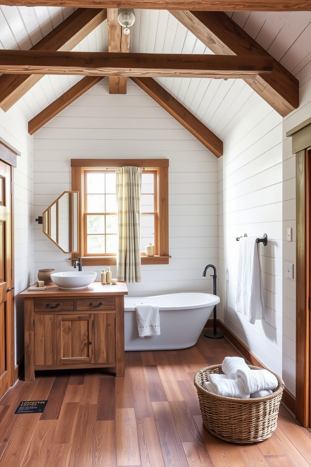 A rustic farmhouse bathroom featuring exposed wooden beams across the ceiling. The walls are clad in shiplap, and a freestanding soaking tub sits beneath a large window framed with vintage curtains. A double vanity made of reclaimed wood with a distressed finish holds two vessel sinks. The floor is covered in wide plank hardwood, and a woven basket filled with towels is placed in the corner.