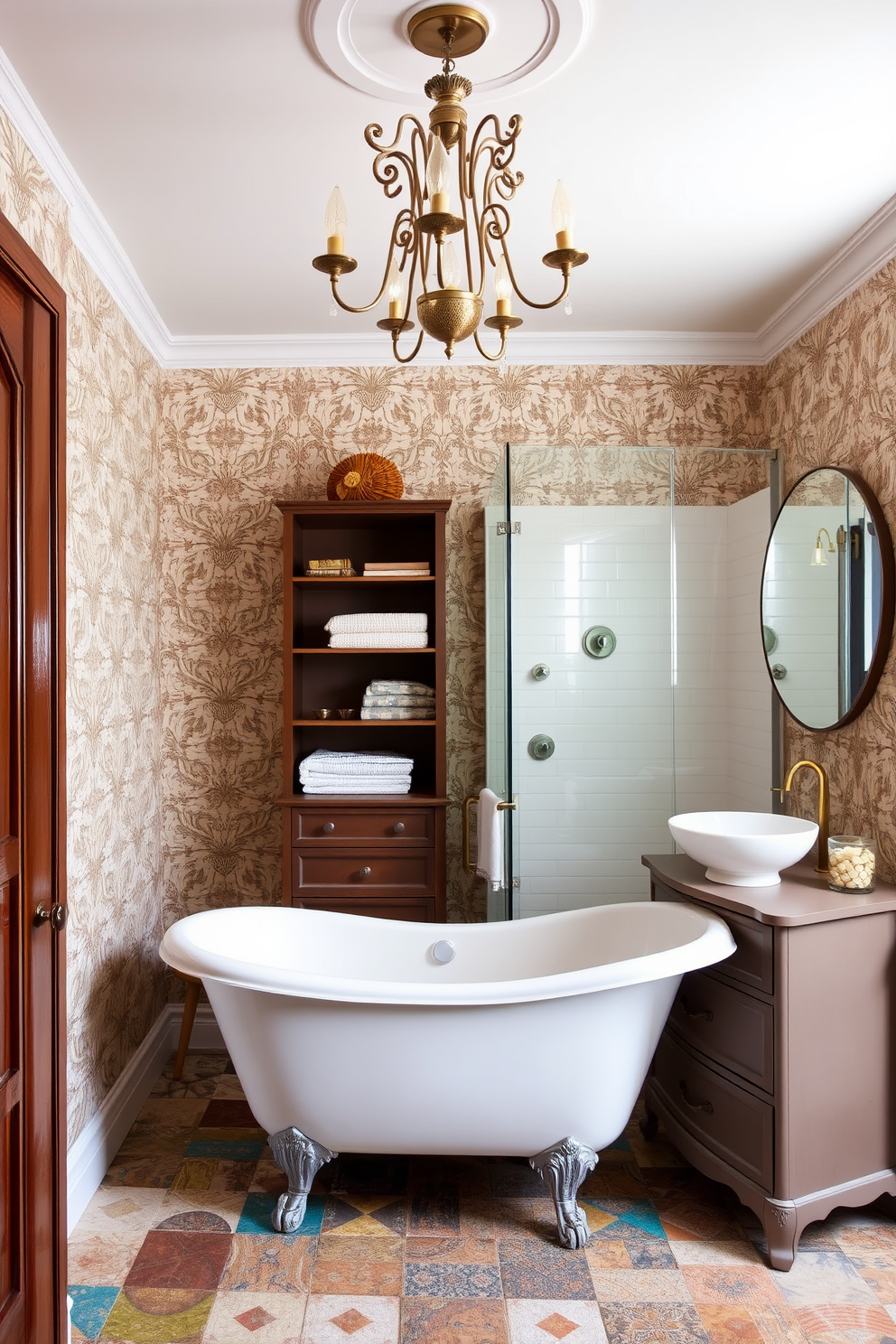 An eclectic bathroom design featuring a mix of vintage and modern fixtures. The space includes a freestanding clawfoot tub paired with a sleek contemporary shower enclosure. A vintage chandelier hangs from the ceiling, contrasting beautifully with the minimalist shelving unit. The walls are adorned with a playful wallpaper that blends retro patterns with modern colors. A unique vanity combines an antique dresser base with a modern vessel sink on top. The floor showcases a patchwork of colorful tiles, adding character and warmth to the overall design.