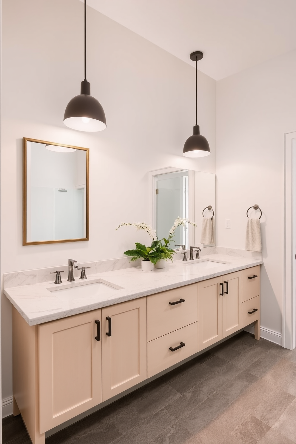 A bright and airy bathroom featuring a large double vanity with a stunning quartz countertop. Above the vanity, modern pendant lights illuminate the space, creating a warm and inviting atmosphere. The walls are painted in a soft white, while the floor showcases elegant grey tiles. A large framed mirror reflects the stylish decor, and fresh greenery adds a touch of nature to the design.