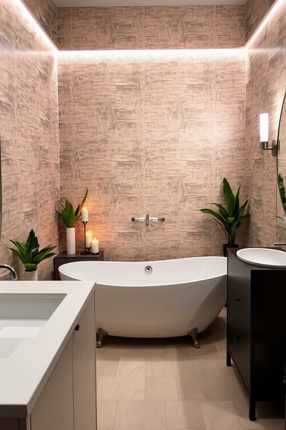 A beautifully designed bathroom features textured wallpaper that adds depth and character to the space. The room is illuminated by soft lighting that enhances the elegant tones of the wallpaper. The focal point is a stylish freestanding bathtub surrounded by decorative plants and candles. A sleek vanity with a modern sink complements the overall aesthetic, creating a serene atmosphere.