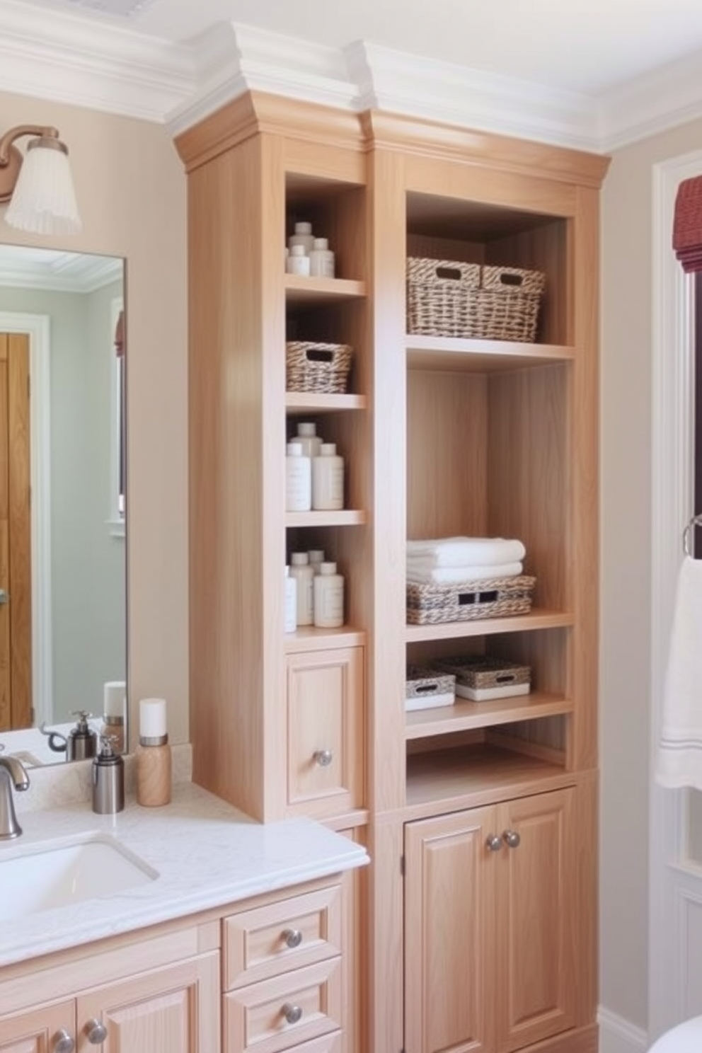 A luxurious bathroom featuring integrated lighting within the cabinetry to enhance elegance and sophistication. The cabinetry is finished in a rich dark wood, showcasing sleek lines and a modern aesthetic. Soft LED lights illuminate the interior shelves, highlighting neatly arranged towels and decorative items. The overall color palette includes warm neutrals with accents of gold, creating a serene and inviting atmosphere.