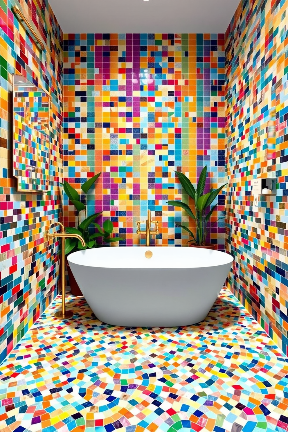 A vibrant bathroom design featuring colorful mosaic tiles that create an eye-catching focal point. The walls are adorned with a mix of bright and bold colors, while the floor showcases a stunning arrangement of 8x10 mosaic tiles. In the center, a sleek white freestanding bathtub invites relaxation, surrounded by plants for a touch of nature. Elegant brass fixtures complement the lively tile work, adding a luxurious feel to the space.