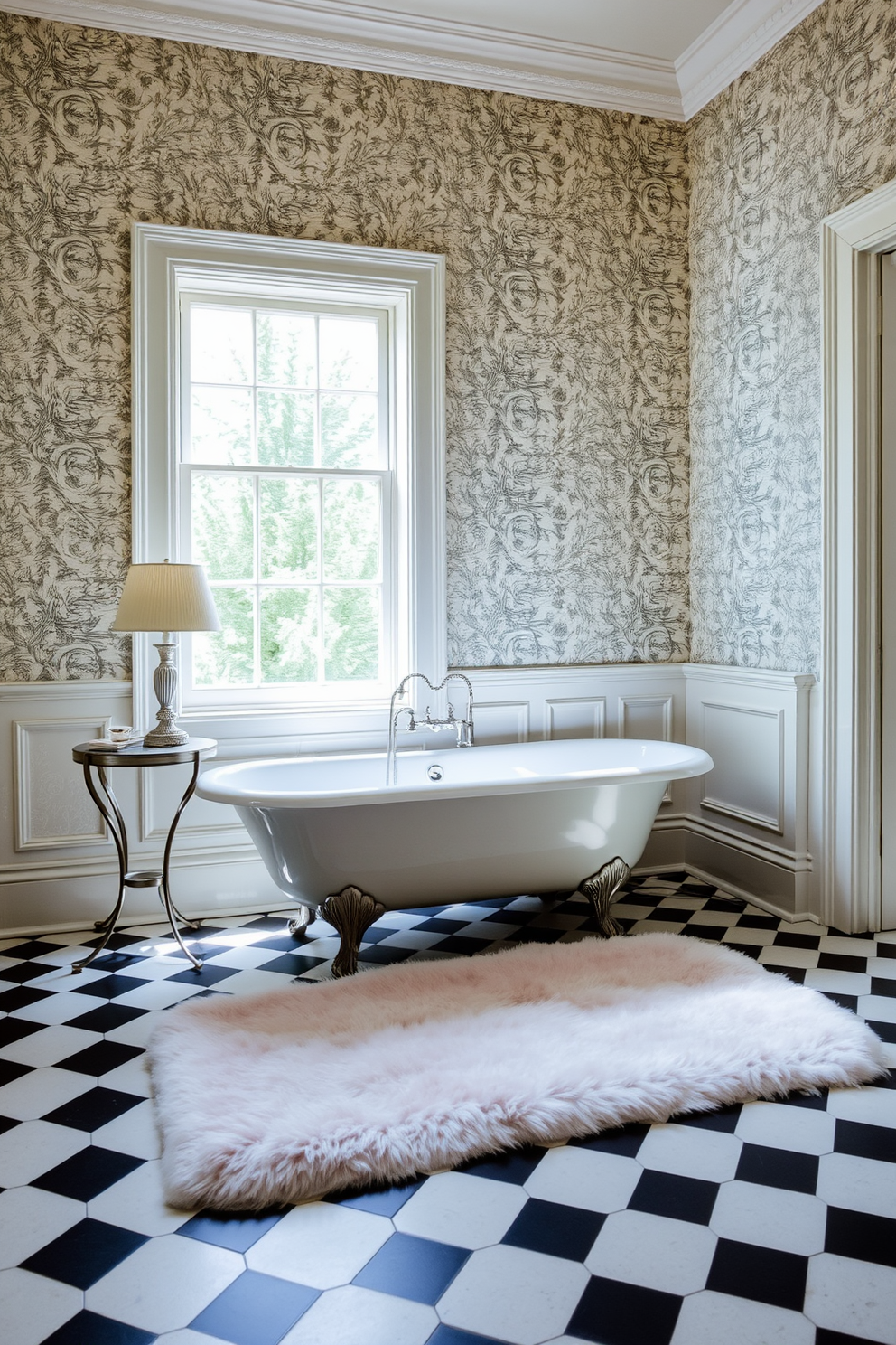 A vintage clawfoot tub is positioned against a wall adorned with intricate wallpaper featuring floral patterns. Surrounding the tub are chic decor elements, including a small side table with a stylish lamp and a plush bath mat in soft pastel tones. The floor is covered in classic black and white checkered tiles, adding a timeless elegance to the space. A large window allows natural light to flood in, highlighting the delicate details of the decor and creating a serene atmosphere.