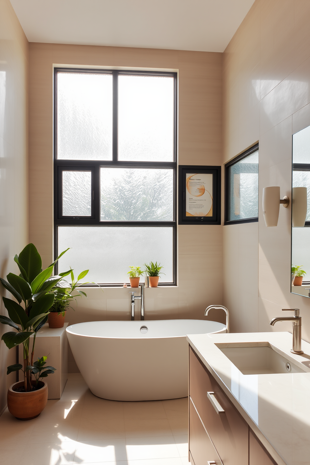 A serene bathroom space illuminated by natural light streaming through frosted glass windows. The design features a freestanding soaking tub positioned beneath the windows, surrounded by potted plants for a touch of greenery. The walls are adorned with soft beige tiles that create a warm and inviting atmosphere. A sleek, modern vanity with a quartz countertop and minimalist fixtures complements the overall aesthetic, providing both style and functionality.