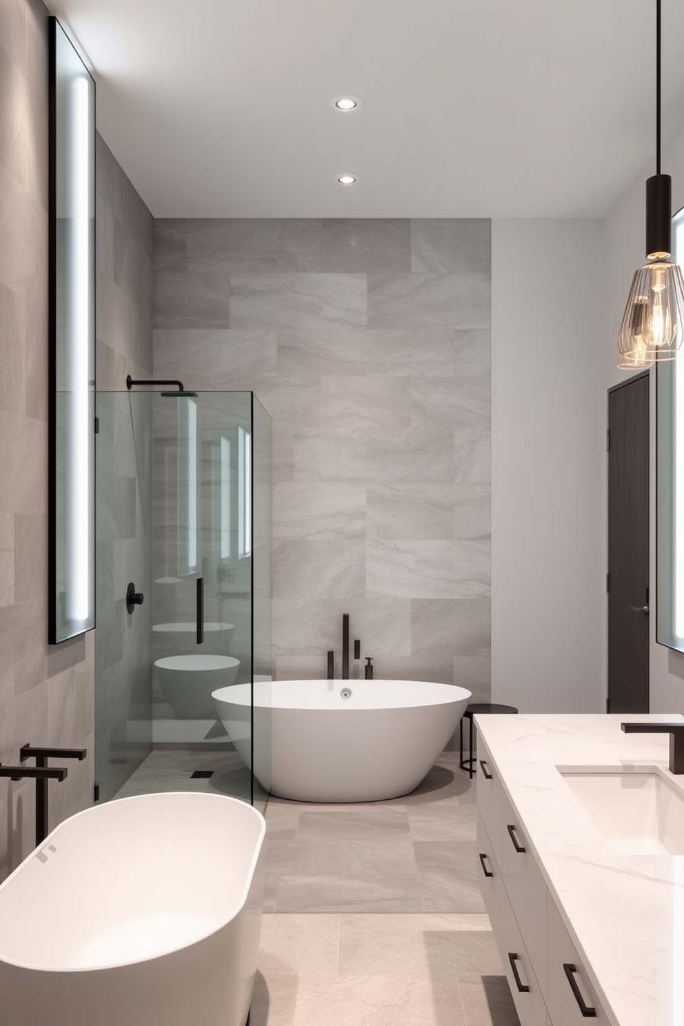 A modern bathroom design featuring integrated lighting within the mirror frame. The space includes a sleek freestanding bathtub and a spacious walk-in shower with glass doors. The walls are adorned with large format tiles in soft gray tones, creating a calming atmosphere. A floating vanity with a white quartz countertop complements the overall aesthetic, while stylish pendant lights provide additional illumination.