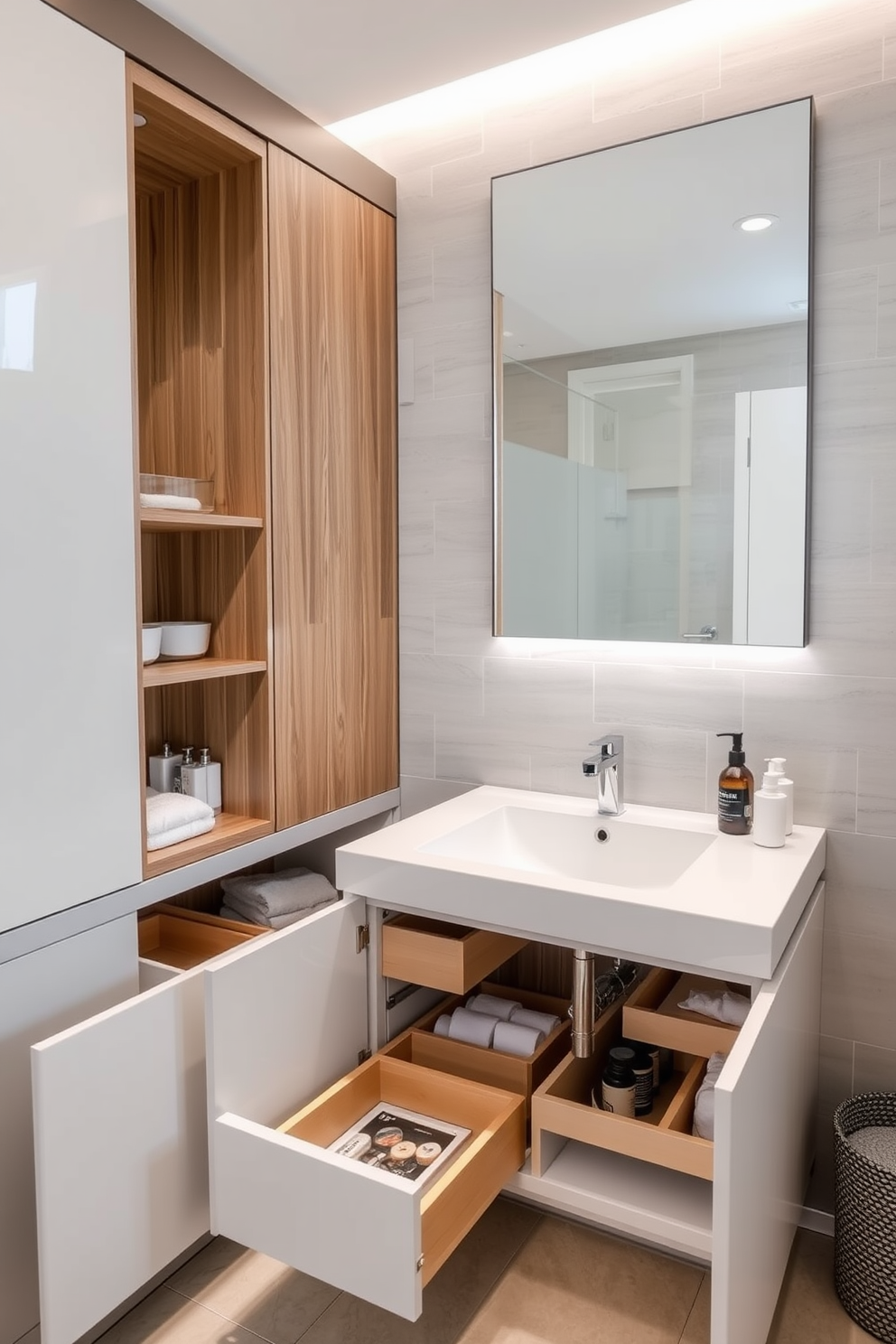 A contemporary bathroom featuring innovative storage solutions under the sink. The cabinetry is sleek and modern with pull-out drawers and compartments for organization. The walls are adorned with soft gray tiles that create a calming atmosphere. A large mirror above the sink reflects natural light, enhancing the spacious feel of the room.