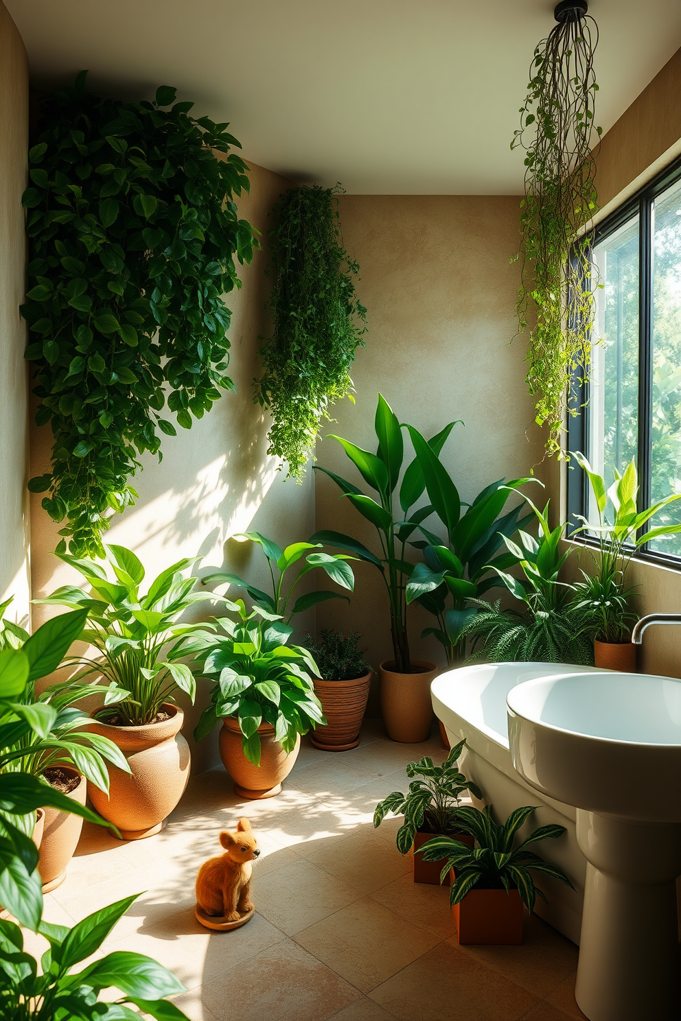 A tranquil bathroom oasis filled with lush greenery creates a refreshing atmosphere. The space features potted plants strategically placed around the room, enhancing the natural vibe. The walls are adorned with soft, earthy tones that complement the greenery. A large window allows natural light to flood the room, illuminating the serene environment.