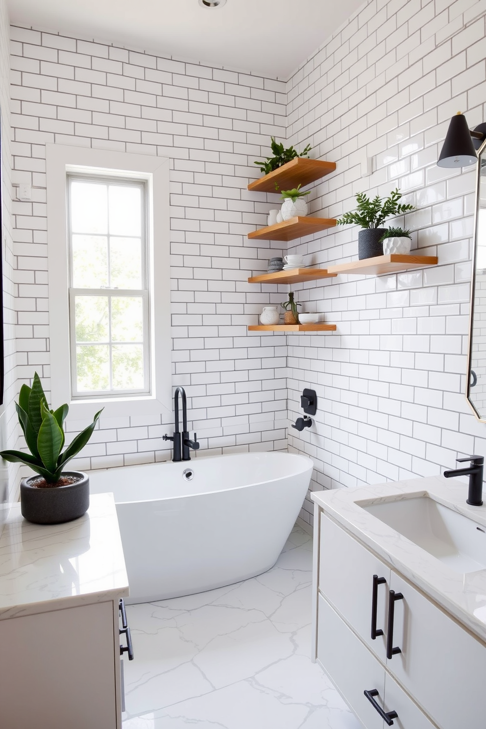 A stylish bathroom featuring white subway tiles with dark gray grout creating a striking contrast. The space includes a freestanding soaking tub positioned beneath a large window, allowing natural light to flood the room. The walls are adorned with floating shelves displaying decorative items and plants. A sleek vanity with a quartz countertop and modern fixtures complements the overall aesthetic of the bathroom.