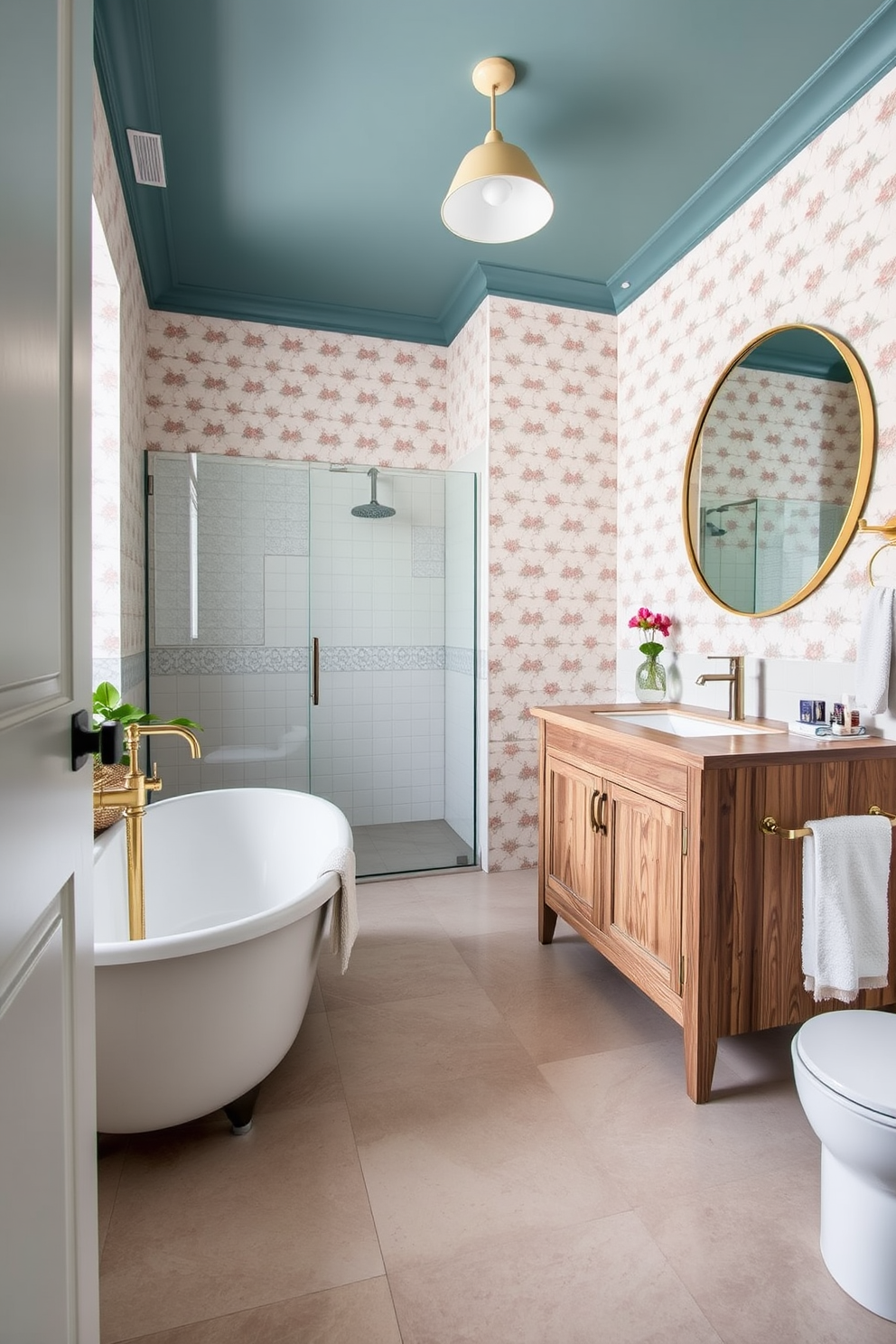 A stylish bathroom featuring vintage accents and modern elements. The space includes a freestanding tub with a brushed gold faucet and a sleek glass shower enclosure. The walls are adorned with patterned wallpaper in soft pastels, while the floor showcases large format tiles in a neutral tone. A reclaimed wood vanity with an integrated sink complements the overall aesthetic, and a large round mirror adds a contemporary touch.