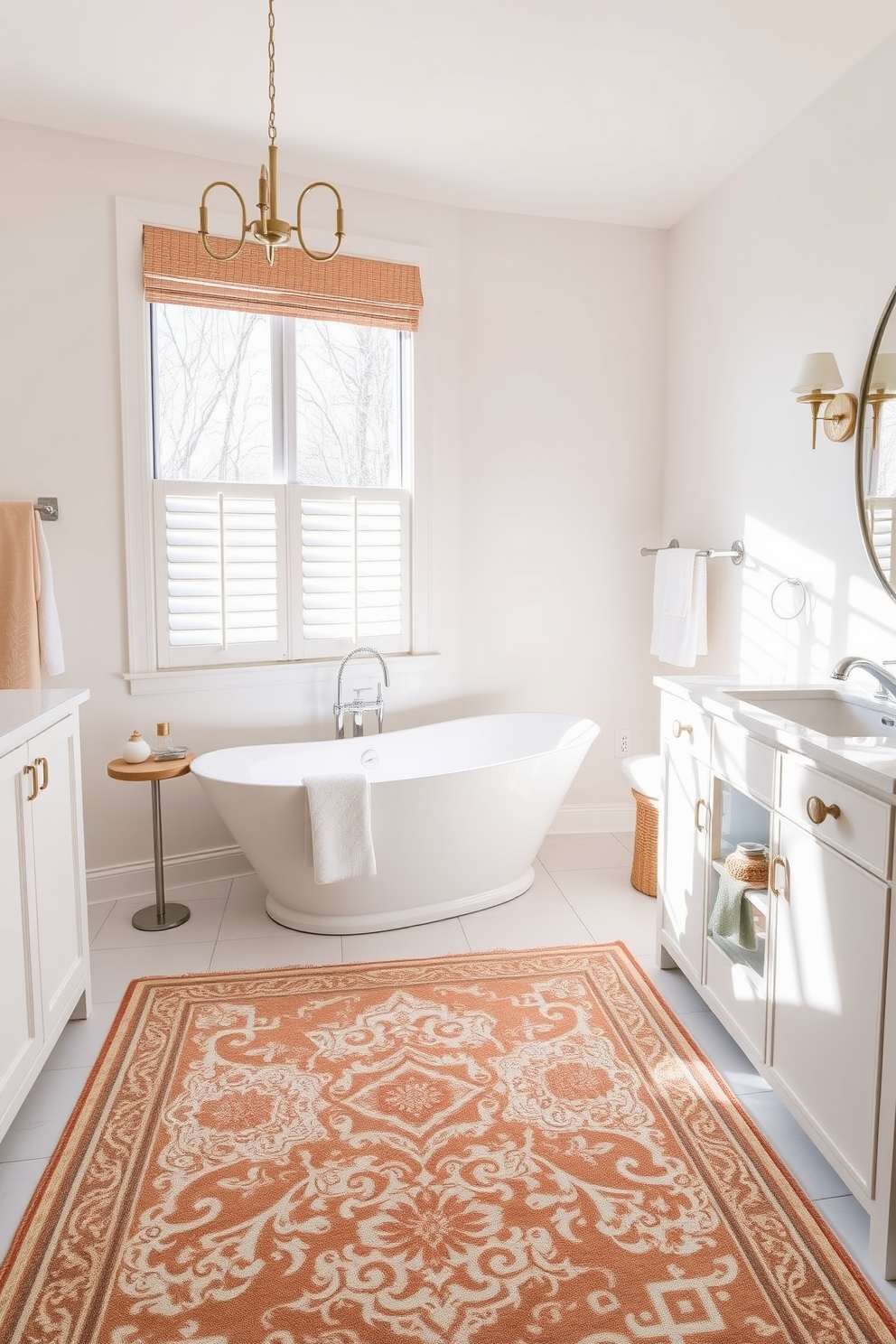 A stylish bathroom featuring an 8x10 area rug that adds warmth and comfort to the space. The rug is adorned with intricate patterns that complement the soft color palette of the bathroom. The bathroom includes a modern freestanding bathtub positioned near a large window that allows natural light to flood the room. Elegant fixtures and soft towels are arranged neatly, enhancing the overall cozy atmosphere.