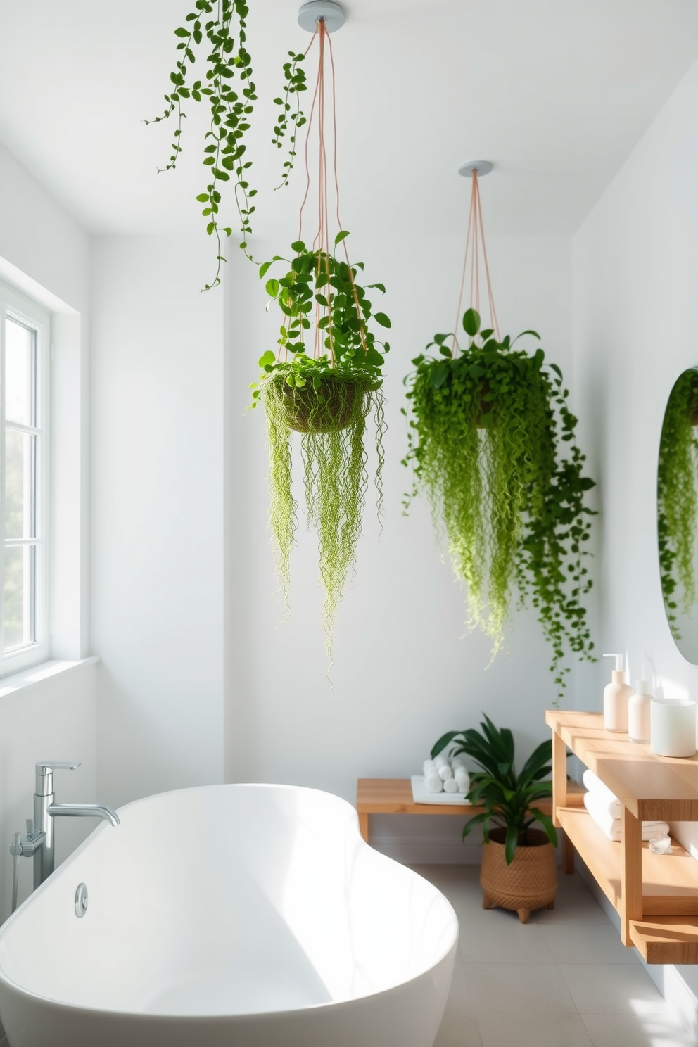 A bright and airy bathroom featuring hanging plants that cascade gracefully from the ceiling. The walls are painted in a soft white, creating a clean backdrop for the lush greenery. The space includes a sleek freestanding bathtub positioned under a large window, allowing natural light to flood in. A minimalist wooden shelf holds neatly arranged toiletries and a few decorative items, enhancing the serene atmosphere.