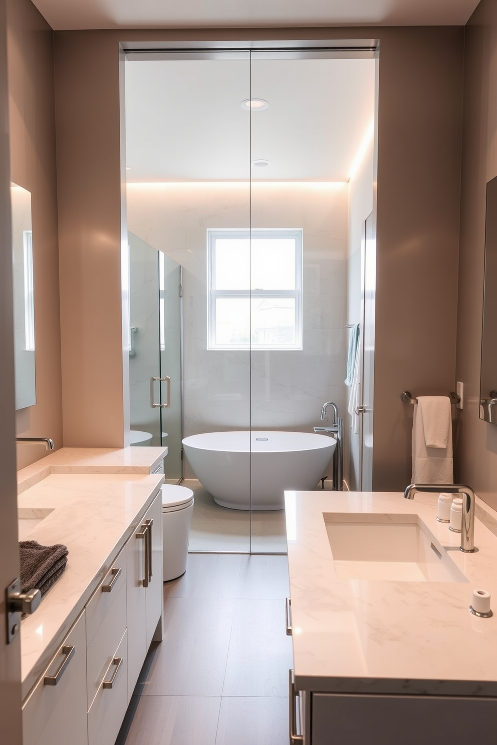 A modern 8x10 bathroom featuring creative use of space with pocket doors that seamlessly blend into the walls. The design includes a sleek shower area with glass panels and a freestanding bathtub positioned near a window for natural light. The vanity showcases dual sinks with a quartz countertop and minimalist cabinetry for a clutter-free look. Soft ambient lighting highlights the neutral color palette, enhancing the overall serene atmosphere of the space.