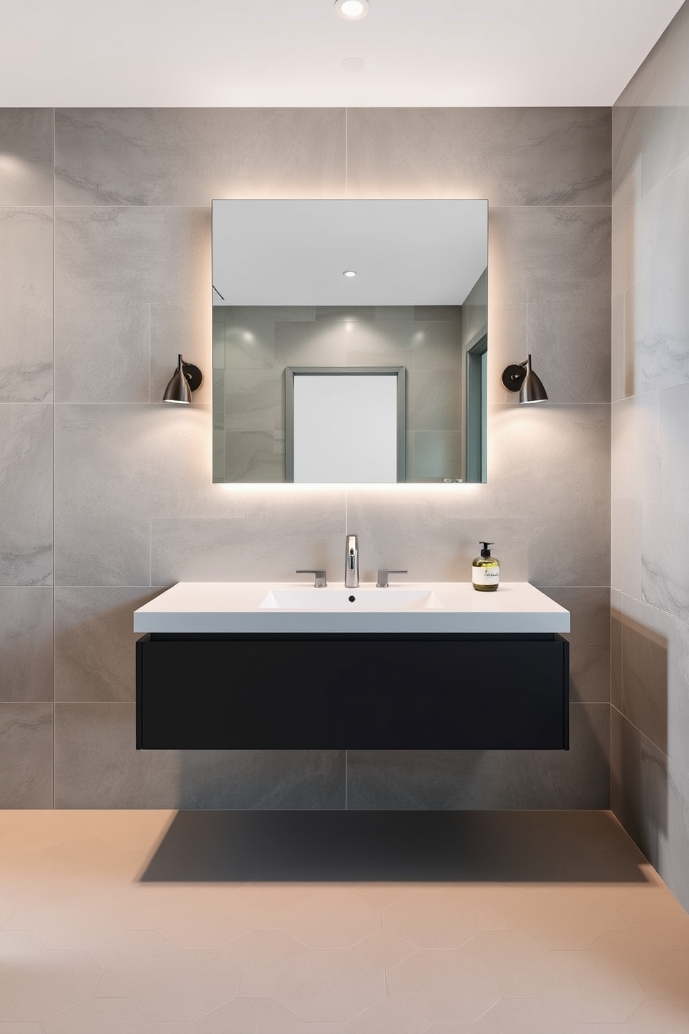 A modern bathroom featuring a floating vanity with sleek lines and stylish lighting fixtures. The walls are adorned with large format tiles in a soft gray tone, creating a serene backdrop for the design. A spacious mirror above the vanity reflects the ambient light, enhancing the overall brightness of the room. The floor is finished with elegant hexagonal tiles in a contrasting color, adding a touch of sophistication to the space.