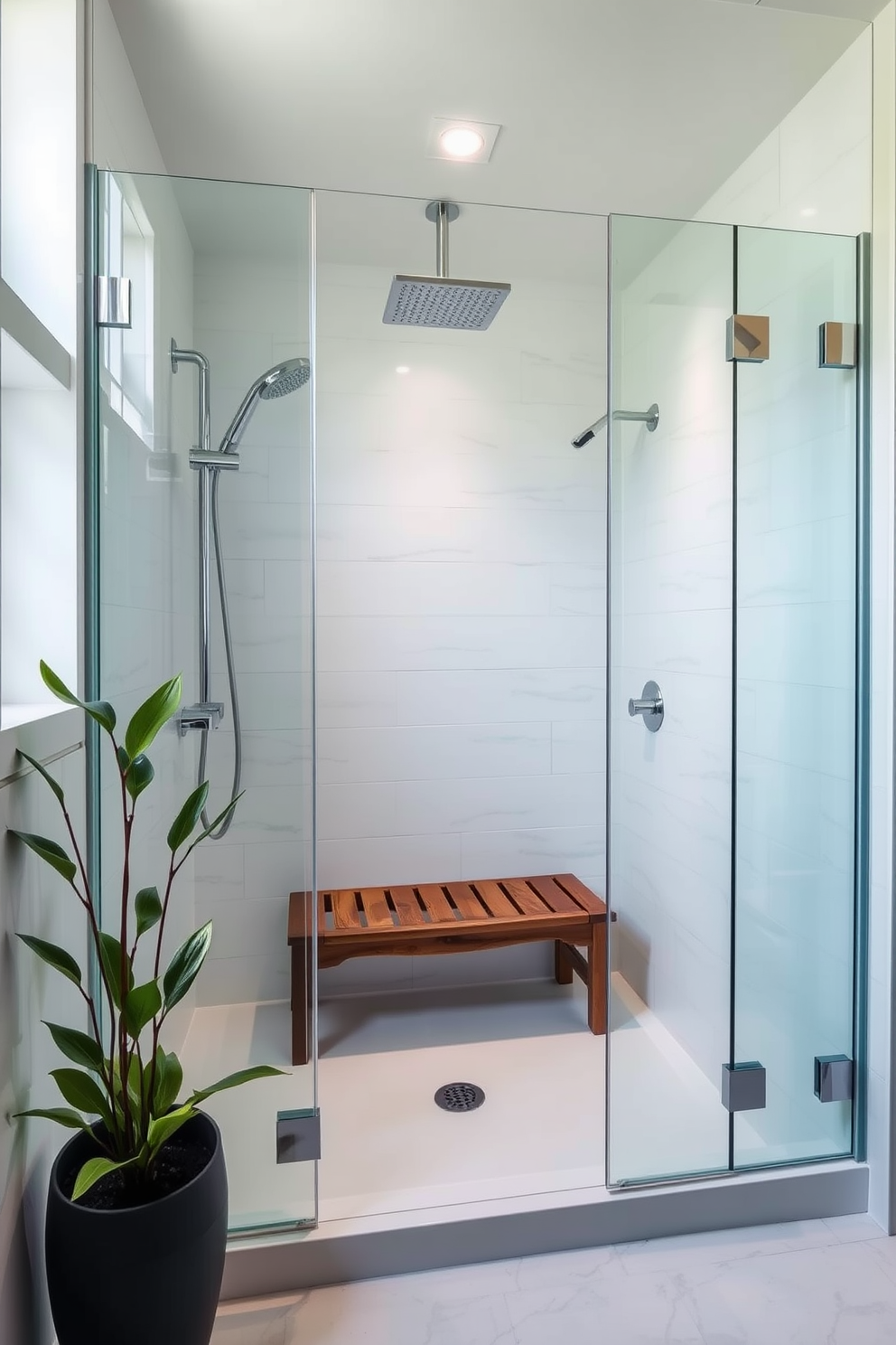 A serene spa-inspired rain shower is enclosed in clear glass, featuring sleek chrome fixtures and a rainfall showerhead that creates a luxurious experience. The walls are adorned with large-format white tiles, while a wooden bench sits elegantly within the space for added comfort and relaxation. The 8x10 bathroom design showcases a harmonious blend of natural elements and modern aesthetics. Soft ambient lighting highlights the tranquil atmosphere, complemented by potted greenery that brings a touch of nature indoors.