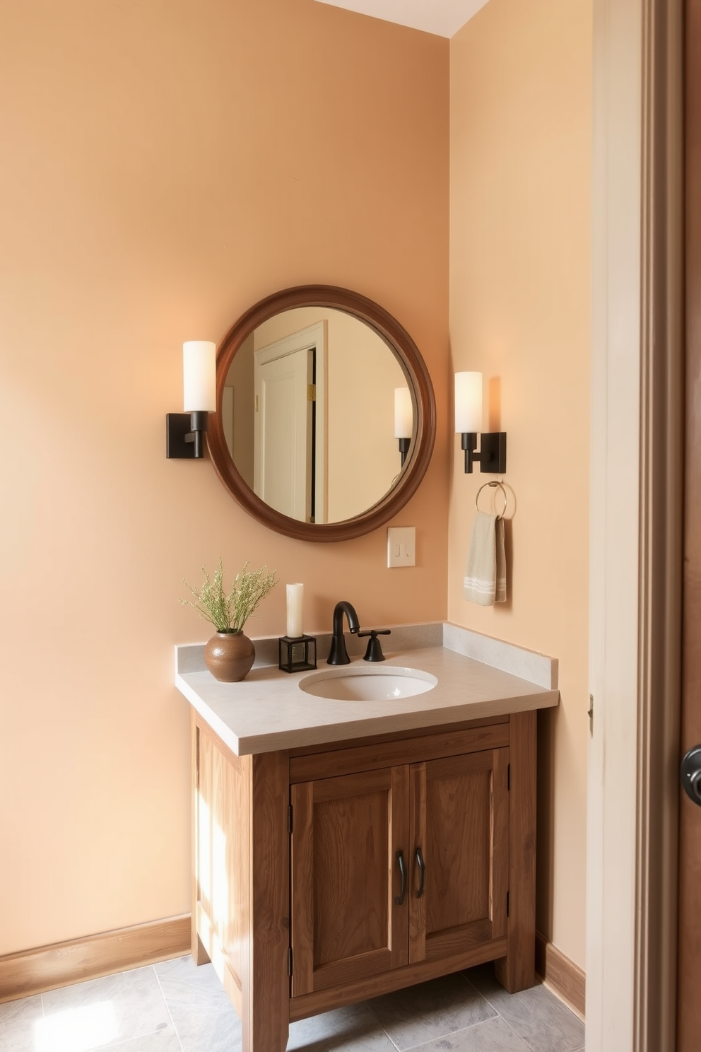 A serene bathroom space featuring earthy tones and natural wood elements. The walls are adorned with warm beige paint, complemented by a wooden vanity with a rustic finish. The countertop is crafted from smooth stone, showcasing a single basin sink. Above the vanity, a large round mirror with a wooden frame reflects the soft lighting from stylish sconces on either side.