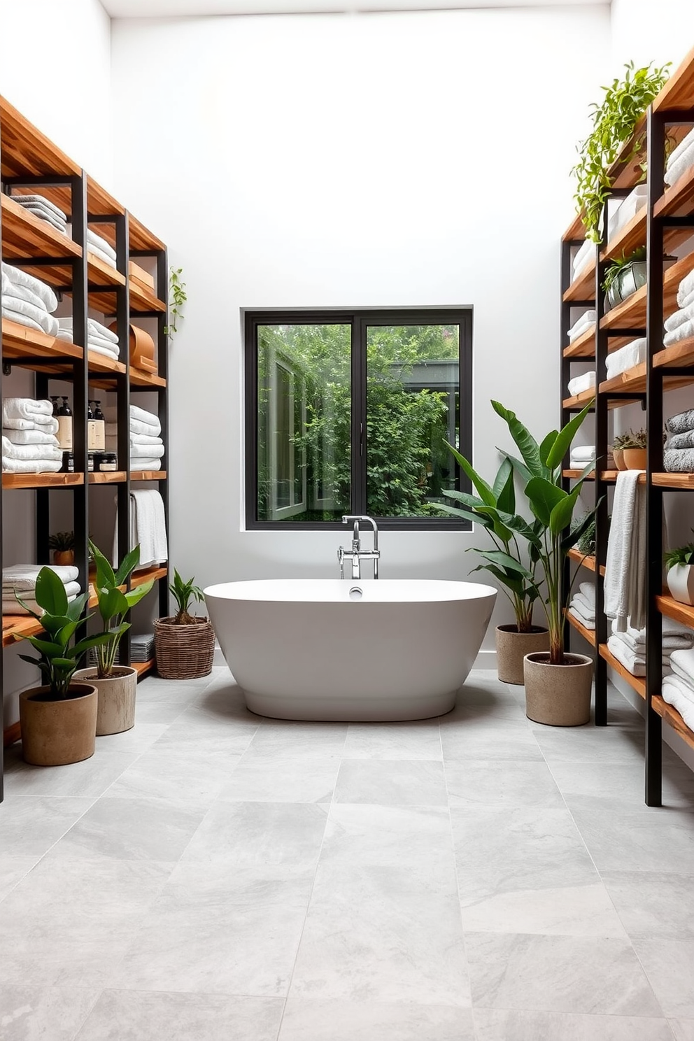 A spacious bathroom with bright lighting fixtures that create an airy atmosphere. The design features a large window allowing natural light to flood the room, complemented by stylish pendant lights hanging above the vanity. The walls are painted in a soft white hue, enhancing the brightness of the space. A sleek freestanding bathtub sits in the corner, surrounded by elegant potted plants for a touch of greenery.