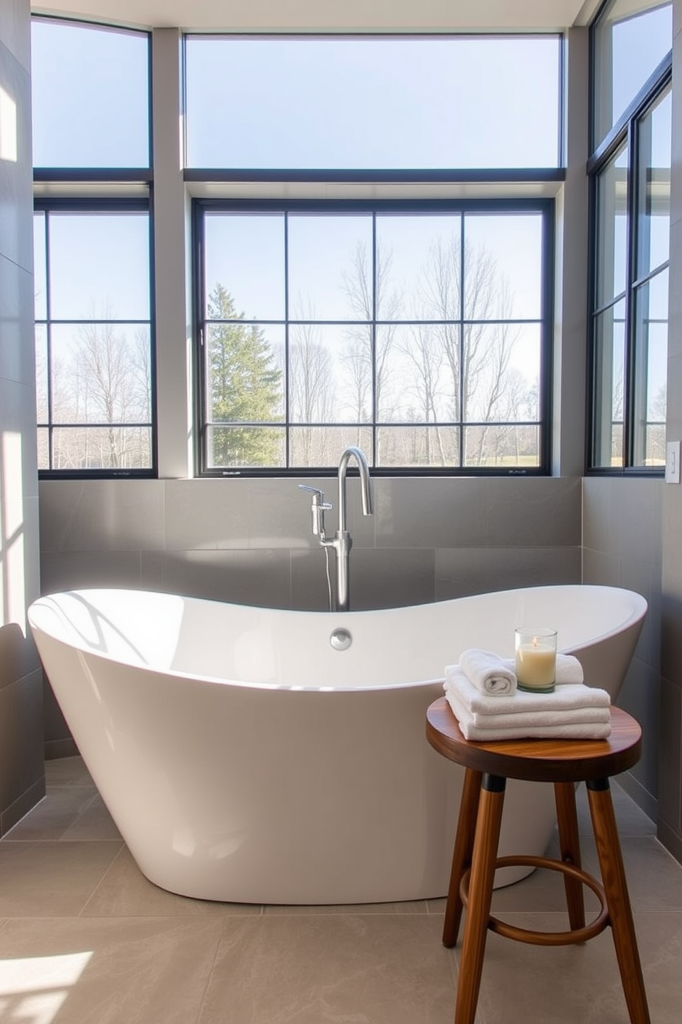 Elegant freestanding soaking tub centerpiece in a spacious bathroom. Surrounding the tub are large windows that allow natural light to flood the room, highlighting the serene atmosphere. The walls are adorned with soft gray tiles, creating a calming backdrop. A stylish wooden stool sits next to the tub, holding plush towels and a scented candle for a touch of luxury.