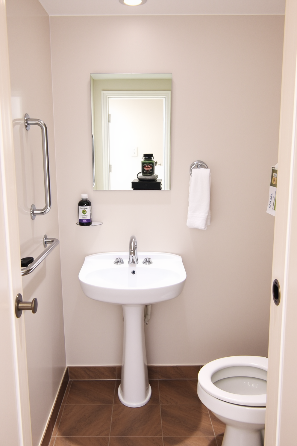 A spacious ADA-compliant bathroom featuring a curbless shower for easy access. The shower area is equipped with grab bars and a built-in bench, surrounded by elegant tilework in soft neutral tones. The vanity has a sleek design with a low-profile sink and ample space for wheelchair access. Natural light floods the room through a frosted window, enhancing the serene atmosphere of the space.