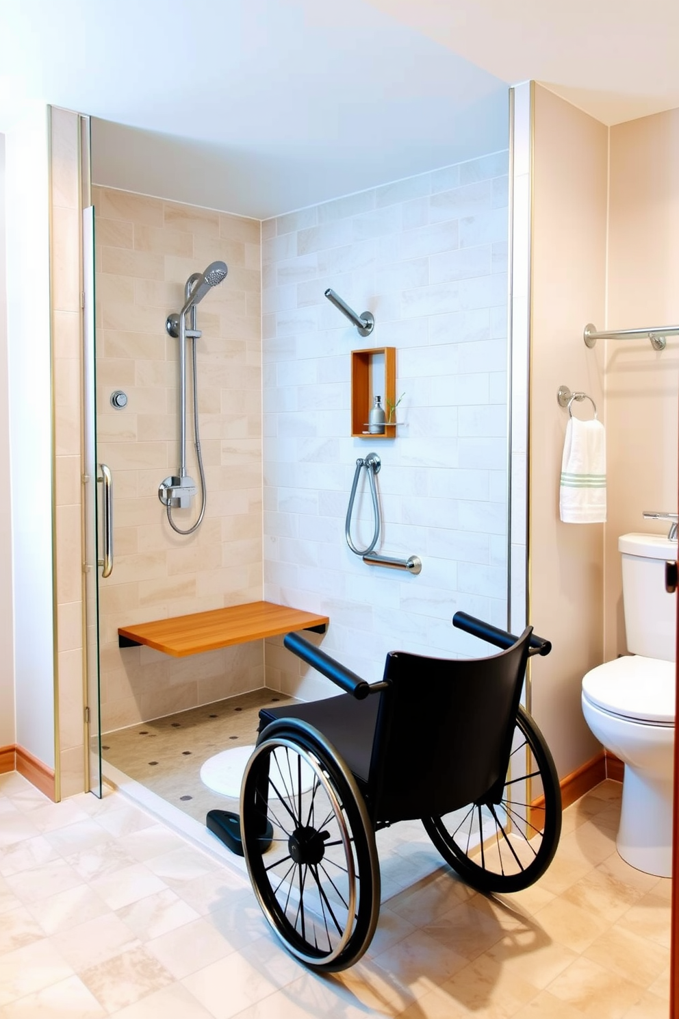 A spacious ADA compliant bathroom features a raised toilet seat for enhanced comfort and accessibility. The walls are adorned with soft beige tiles, and grab bars are installed for safety and support.