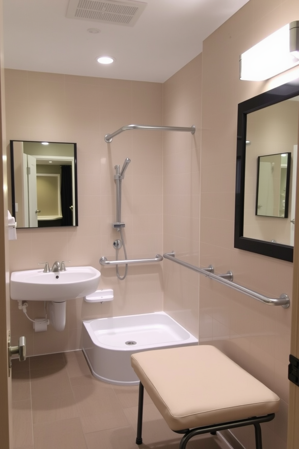 A spacious ADA-compliant bathroom featuring wall-mounted mirrors at accessible heights. The design includes grab bars beside the toilet and a roll-in shower with a foldable bench for convenience.