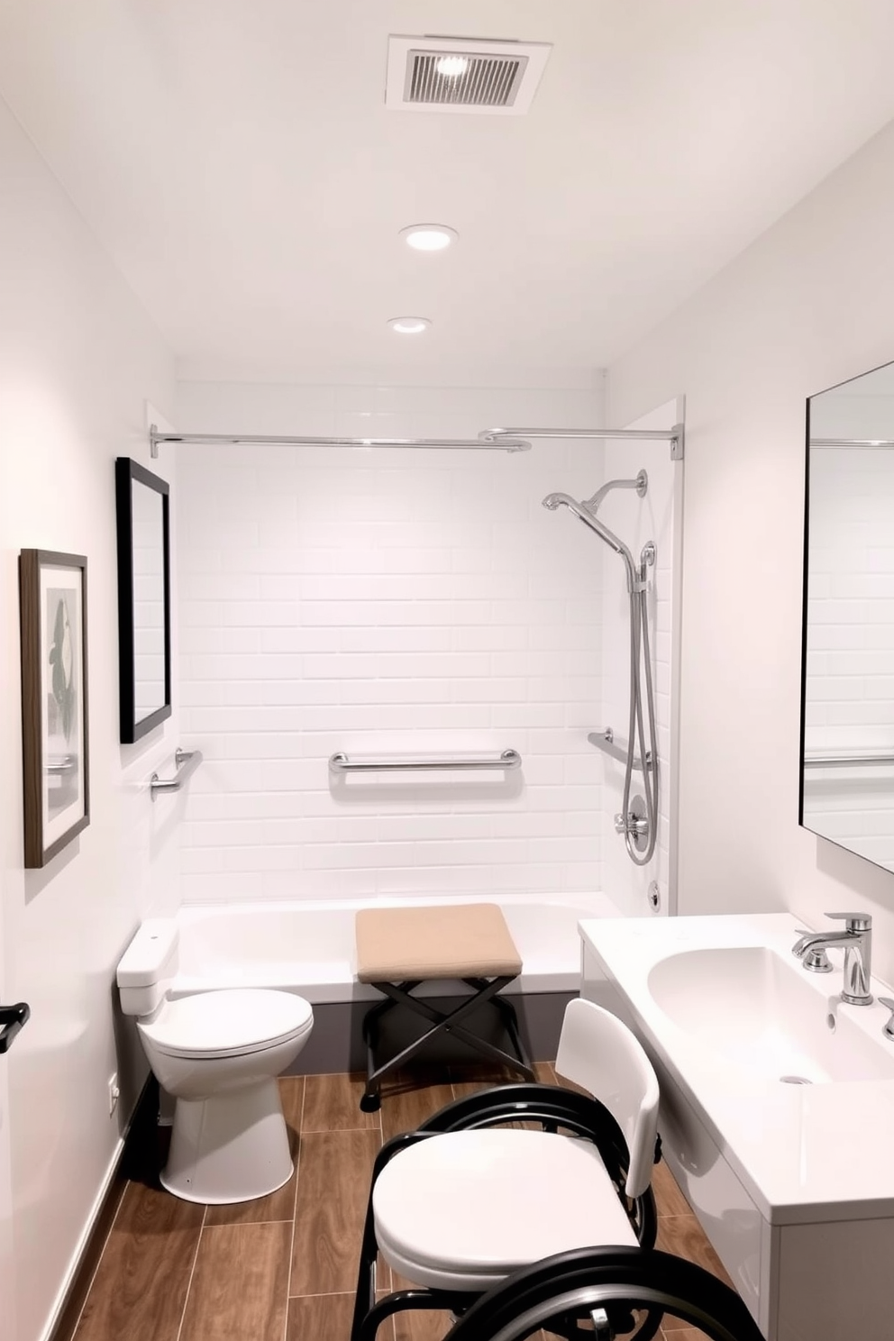 A spacious ADA compliant bathroom designed for accessibility features bright LED lighting that illuminates the entire space. The walls are painted in a soft white hue to enhance the natural light, creating a welcoming atmosphere. The design includes a roll-in shower with grab bars and a fold-down bench, ensuring safety and ease of use. A stylish vanity with a lowered sink and ample clearance underneath accommodates wheelchair access, while decorative elements add a touch of elegance.