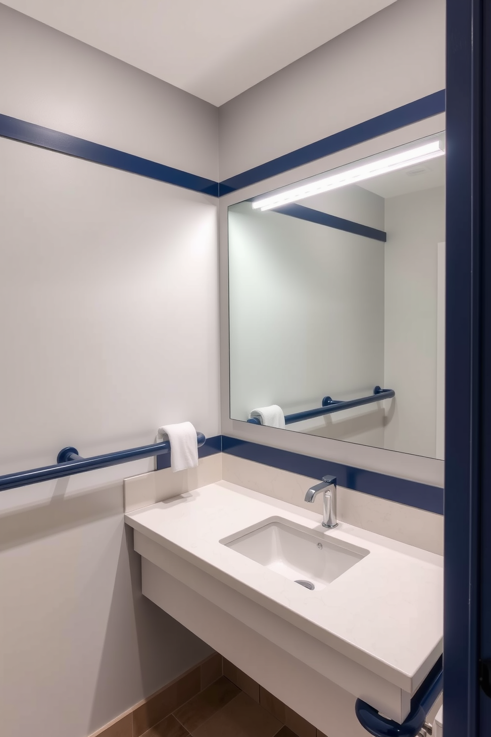 A modern ADA compliant bathroom featuring easy-to-reach light switches positioned at an accessible height. The design includes a spacious layout with grab bars and a roll-in shower, ensuring comfort and safety for all users.