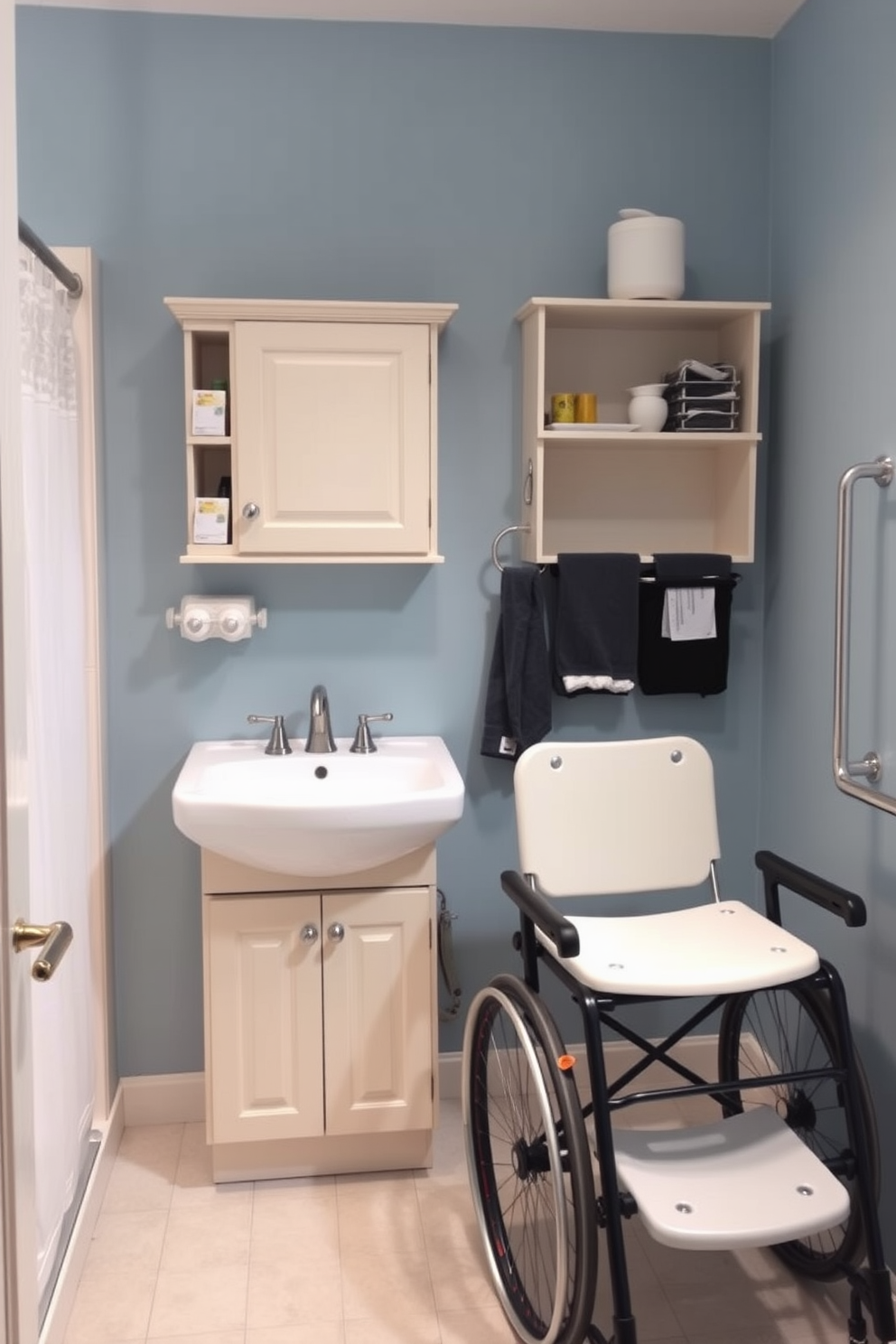 A functional ADA compliant bathroom design featuring easy-to-reach storage solutions. The space includes a wall-mounted cabinet with pull-down shelves and a low-profile vanity that allows for wheelchair access. The walls are painted in a soft blue hue to create a calming atmosphere. Accessories such as grab bars and a foldable shower seat ensure safety and accessibility throughout the space.