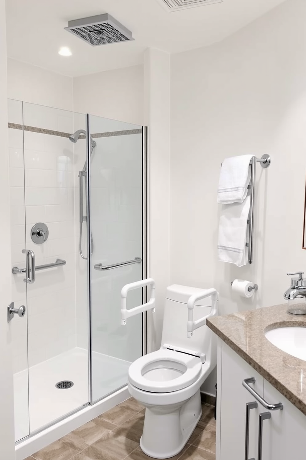 A modern ADA compliant bathroom featuring textured tiles for better grip. The space includes a spacious roll-in shower with grab bars and a fold-down bench, ensuring accessibility and comfort.