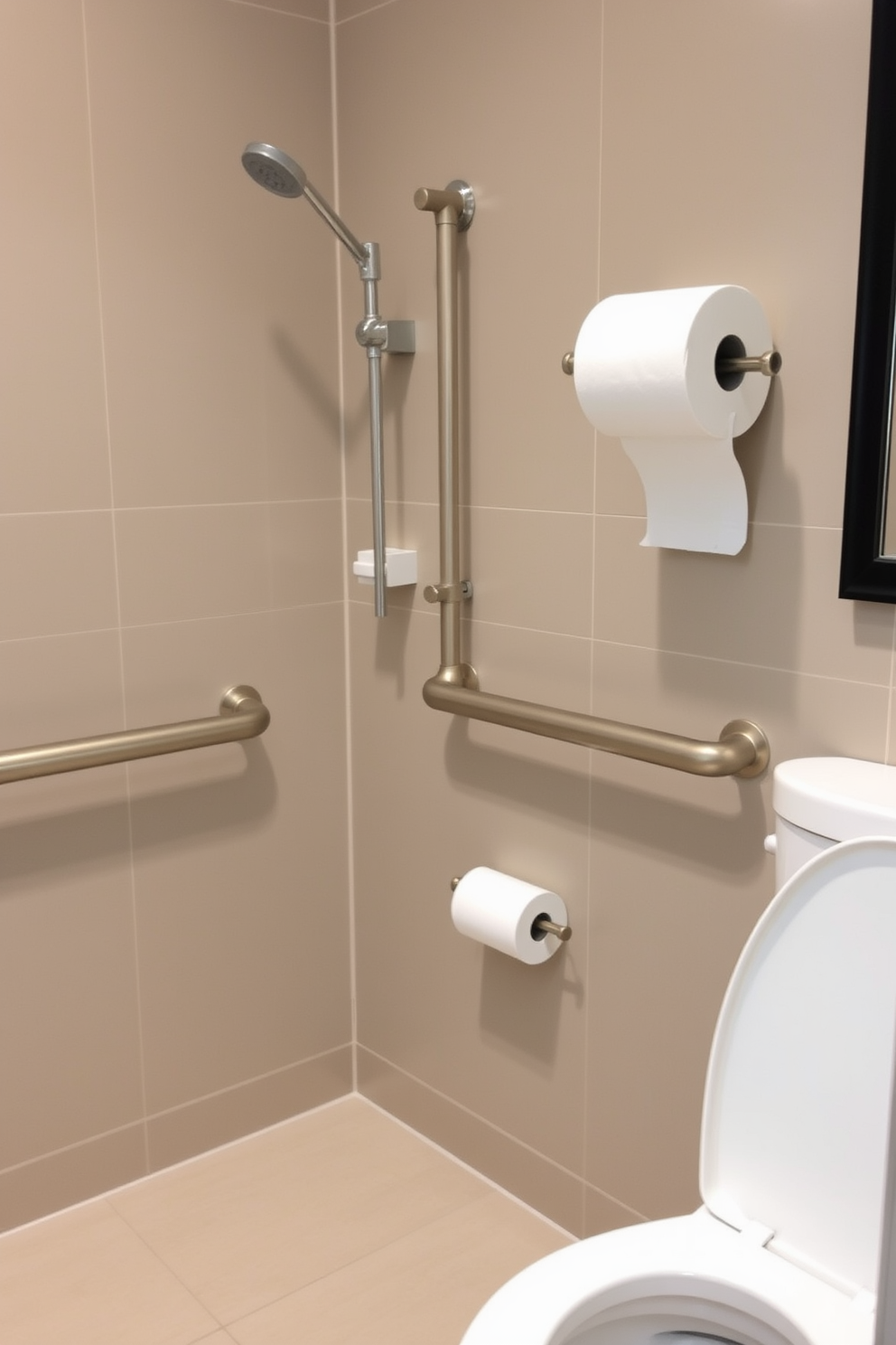 A spacious ADA-compliant bathroom features accessible towel bars positioned within easy reach of the sinks and shower area. The design incorporates a roll-in shower with grab bars, ensuring safety and comfort for all users.