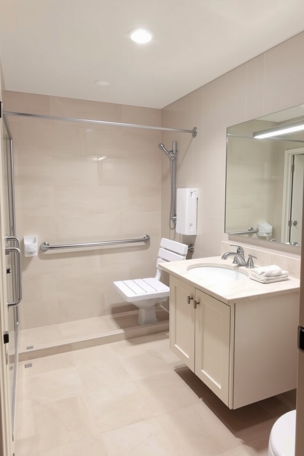 A spacious ADA compliant bathroom featuring an accessible shower with grab bars and a fold-down shower seat. The walls are adorned with large format tiles in a soft neutral tone, and the floor is slip-resistant for safety. The shower controls are positioned at an easy reach for individuals with mobility challenges. A stylish vanity with ample knee space below is complemented by a large mirror and bright, energy-efficient lighting.