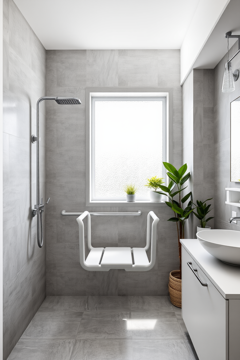 A modern ADA-compliant bathroom features a foldable shower seat mounted on the wall, allowing for easy access and space-saving functionality. The sleek design includes grab bars for safety, with a neutral color palette of soft grays and whites enhancing the open feel of the space. Natural light filters in through a frosted glass window, illuminating the textured tile walls and creating a serene atmosphere. A minimalist vanity with a vessel sink complements the overall aesthetic, while potted plants add a touch of greenery and warmth.