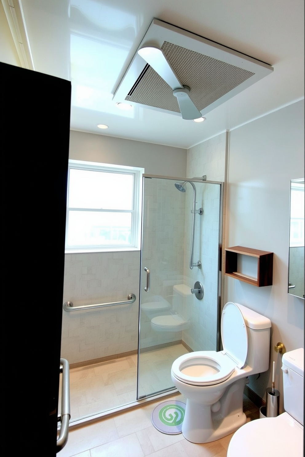 A spacious ADA compliant bathroom featuring a ventilation fan strategically placed on the ceiling to effectively control moisture. The design includes grab bars installed near the toilet and shower area, ensuring accessibility and safety for all users.