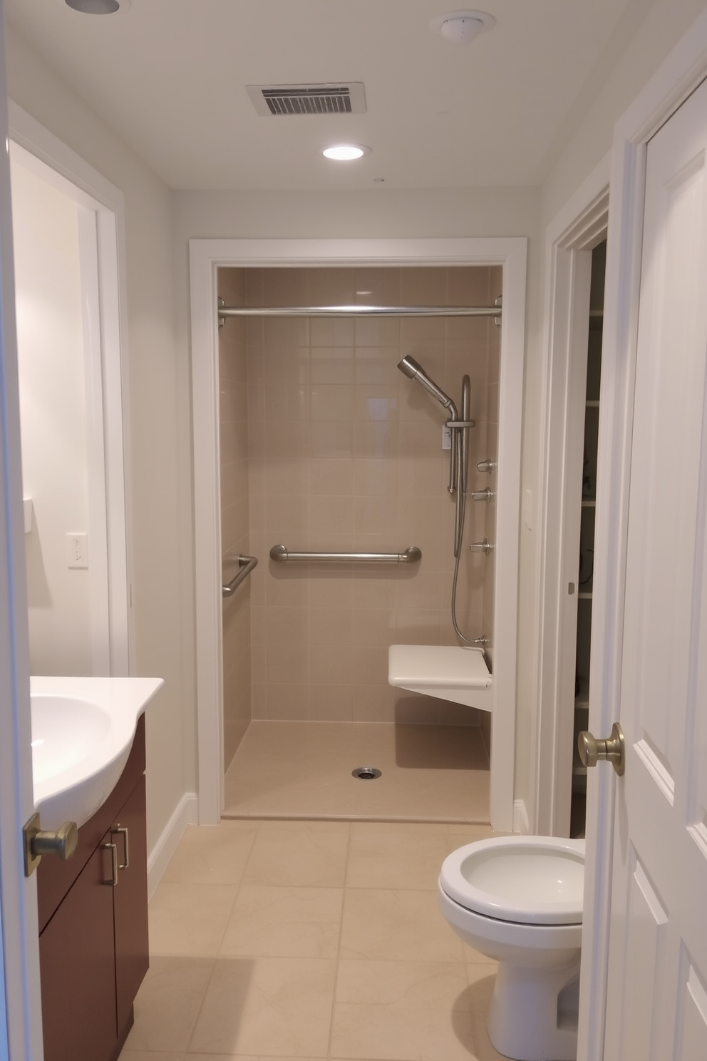 A spacious ADA compliant bathroom featuring wide doorways for easy wheelchair access. The design includes a roll-in shower with grab bars and a bench, along with a lowered vanity for accessibility.