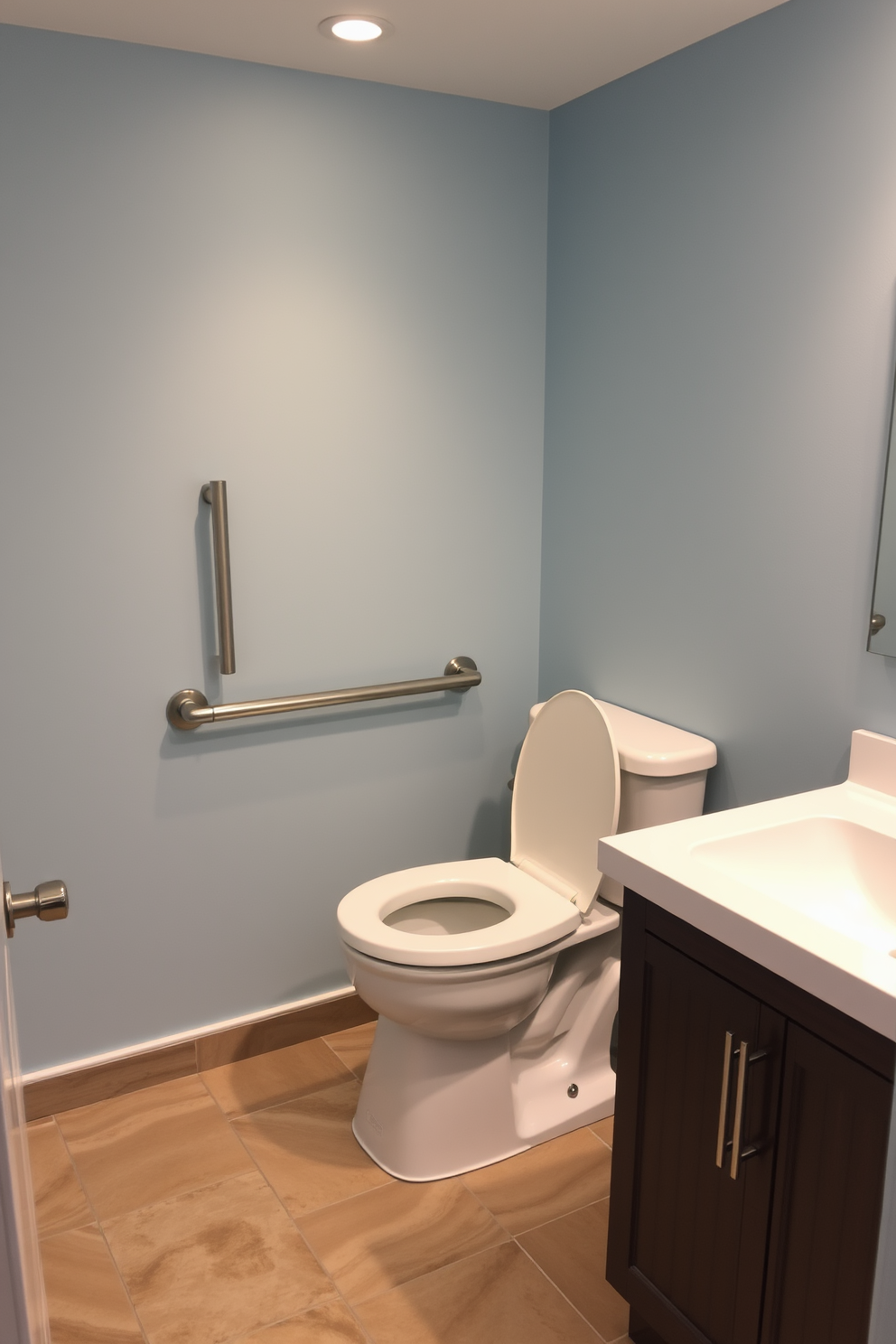 A modern ADA compliant bathroom featuring a striking contrast between dark navy blue walls and bright white fixtures. The spacious layout includes a roll-in shower with grab bars, a wall-mounted sink, and a toilet with a comfort height for accessibility. Natural light floods the room through frosted glass windows, enhancing the vibrant color scheme. Textured tiles in a light gray tone cover the floor, providing both safety and style while complementing the overall design.