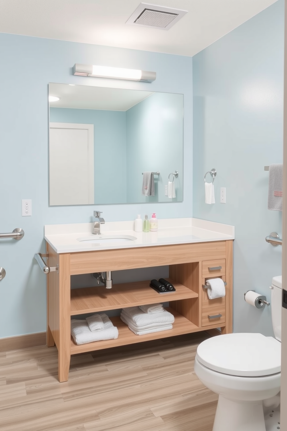 A spacious ADA-compliant bathroom features an integrated seating area within the shower, designed for comfort and accessibility. The shower walls are tiled with large, light-colored tiles that create a bright and inviting atmosphere. The seating area is crafted from durable, water-resistant materials and is positioned against the back wall, allowing for easy access. Soft, adjustable lighting illuminates the space, enhancing both functionality and aesthetics.