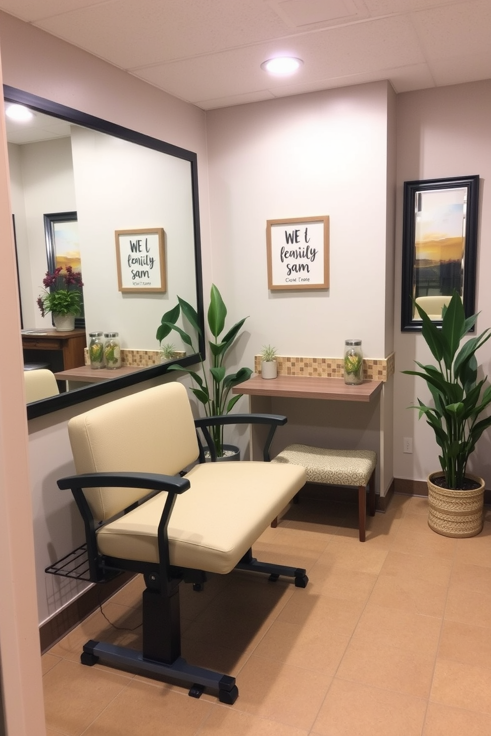 Supportive seating in a dressing area designed for ADA compliance. The space features a comfortable, height-adjustable bench with armrests, positioned near a large mirror with accessible lighting. The walls are painted in a soft, calming color, and the flooring is slip-resistant for safety. Decorative elements include potted plants and art that enhance the inviting atmosphere while maintaining functionality.