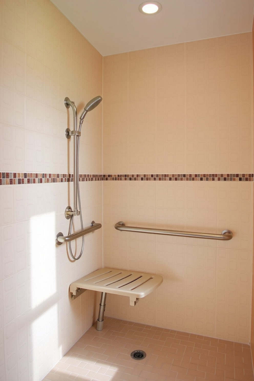 Textured wall tiles in a soft neutral color create a warm and inviting atmosphere while ensuring grip and safety for all users. The design incorporates a spacious layout with accessible features, including a roll-in shower with a built-in bench and grab bars for support.