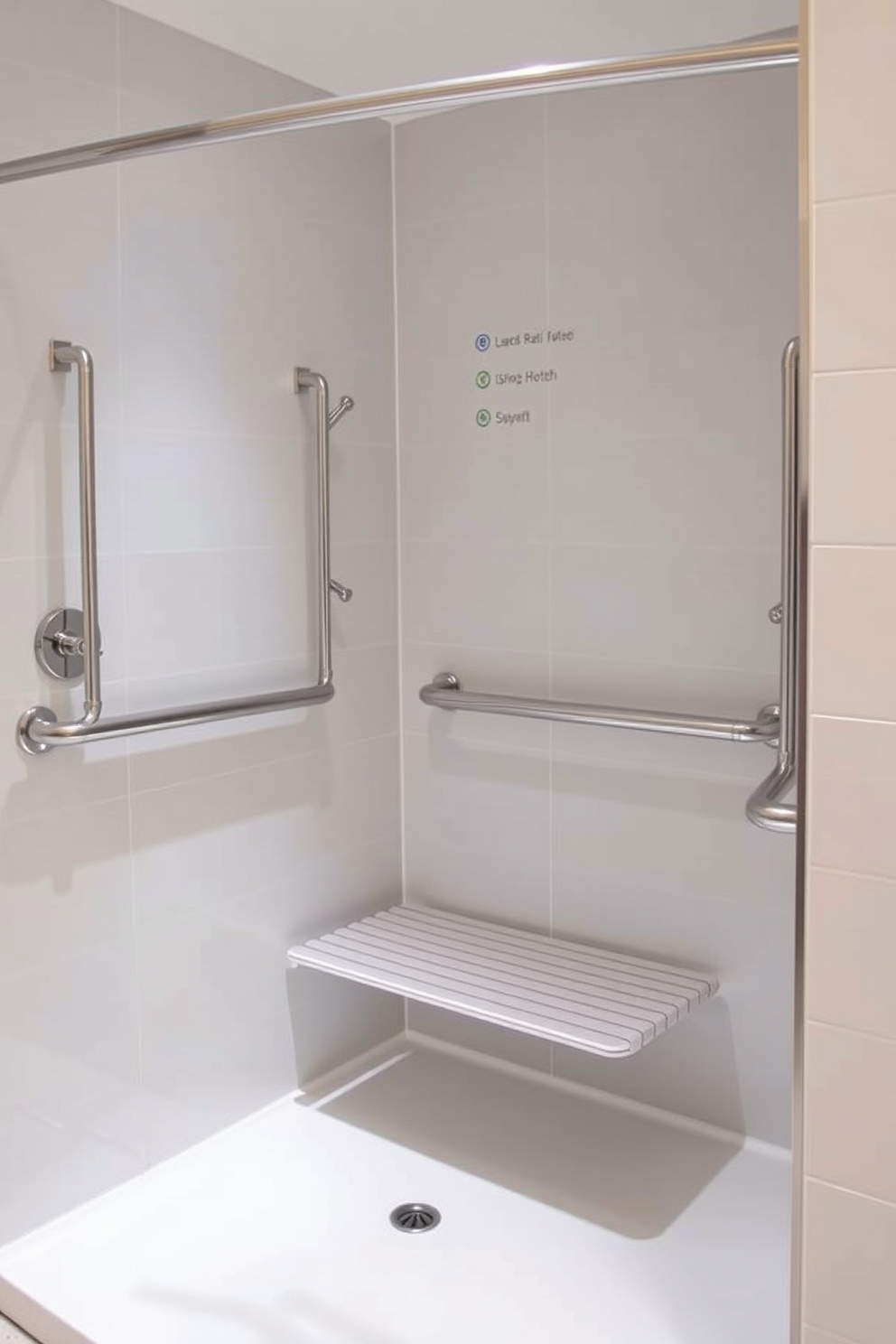 A modern ADA compliant bathroom featuring a spacious walk-in shower with grab bars installed for safety. The shower controls are positioned at an accessible height with clear visual indicators for ease of use. The walls are adorned with light-colored tiles that create a bright and inviting atmosphere. A sleek bench is integrated into the shower space, providing comfort and convenience for users.