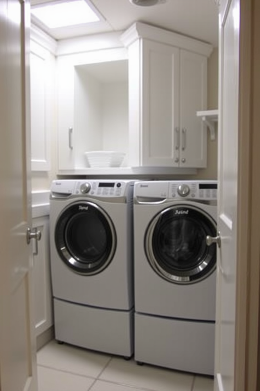 A functional laundry area seamlessly integrated into an ADA-compliant bathroom. The space features a side-by-side washer and dryer with easy-to-reach controls, surrounded by ample storage cabinets for laundry essentials. Bright LED lighting illuminates the area, ensuring visibility and safety. The flooring is slip-resistant, while grab bars are strategically placed near the laundry appliances for added support.