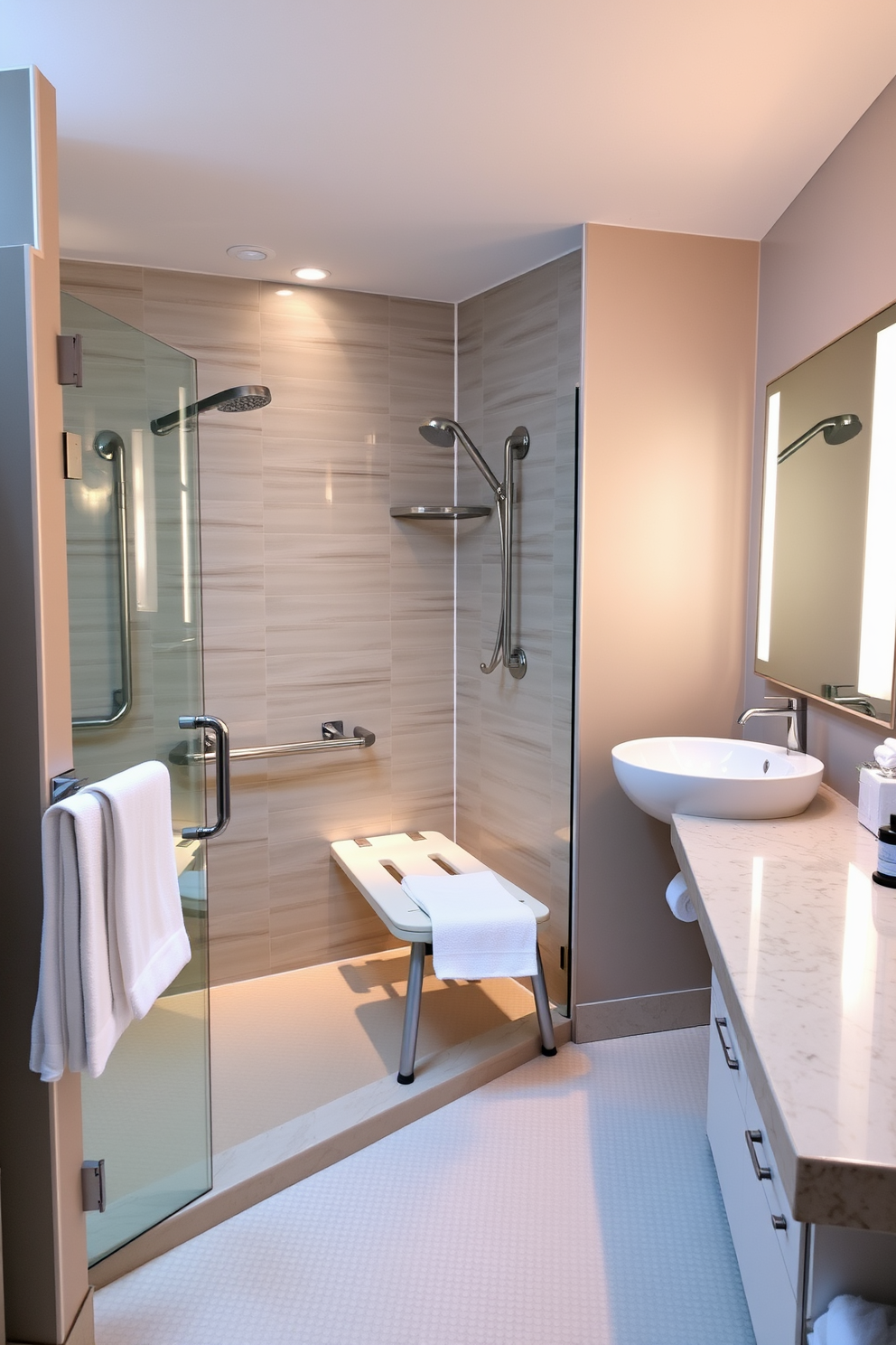 A contemporary ADA-compliant bathroom features a spacious walk-in shower with integrated lighting that highlights the sleek tile work. The shower includes grab bars for safety, and a fold-down bench provides convenience without sacrificing style. The vanity area showcases a height-adjustable sink with easy access, complemented by a large mirror that reflects the warm, ambient lighting. Soft, neutral colors create a calming atmosphere, while textured flooring ensures slip resistance.