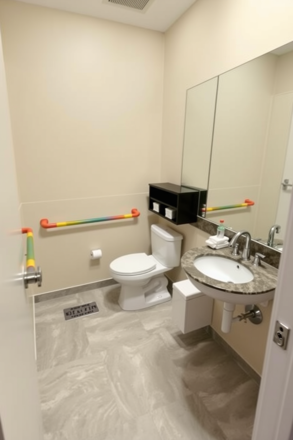 A spacious ADA-compliant bathroom featuring color-coded fixtures for easy identification. The walls are painted in a soft beige, and the floor is covered with large, slip-resistant tiles in a light gray shade. The toilet area is equipped with grab bars painted in contrasting colors for visibility. A stylish sink with a lever faucet is positioned at an accessible height, complemented by a large mirror above it.