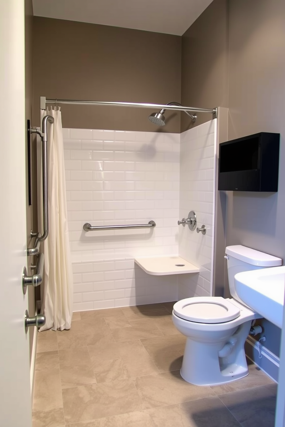 A modern ADA compliant bathroom featuring grab bars installed near the toilet and shower area for enhanced accessibility. The design includes a spacious layout with non-slip flooring and a roll-in shower equipped with a bench and handheld showerhead for convenience.