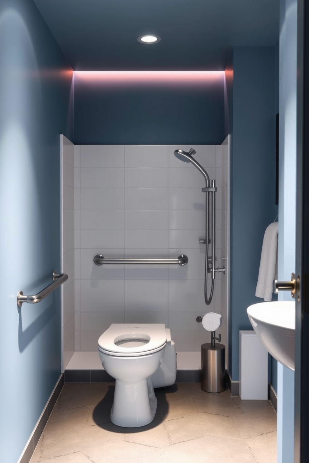 A modern ADA-compliant bathroom featuring smart technology for voice-activated features. The design includes a spacious layout with grab bars, a roll-in shower, and a voice-activated toilet that adjusts to user preferences. The walls are painted in a soft blue hue, complemented by non-slip flooring for safety. Ambient lighting is integrated, allowing users to control brightness and color through voice commands.