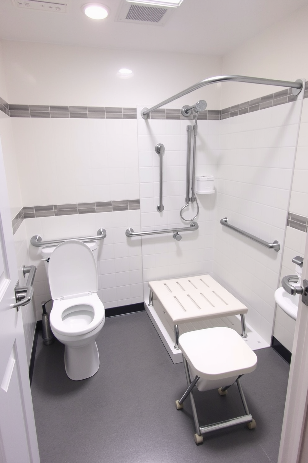 A spacious ADA compliant bathroom featuring non-slip flooring that enhances safety and stability. The design includes grab bars near the toilet and shower, with a roll-in shower equipped with a fold-down bench for convenience.