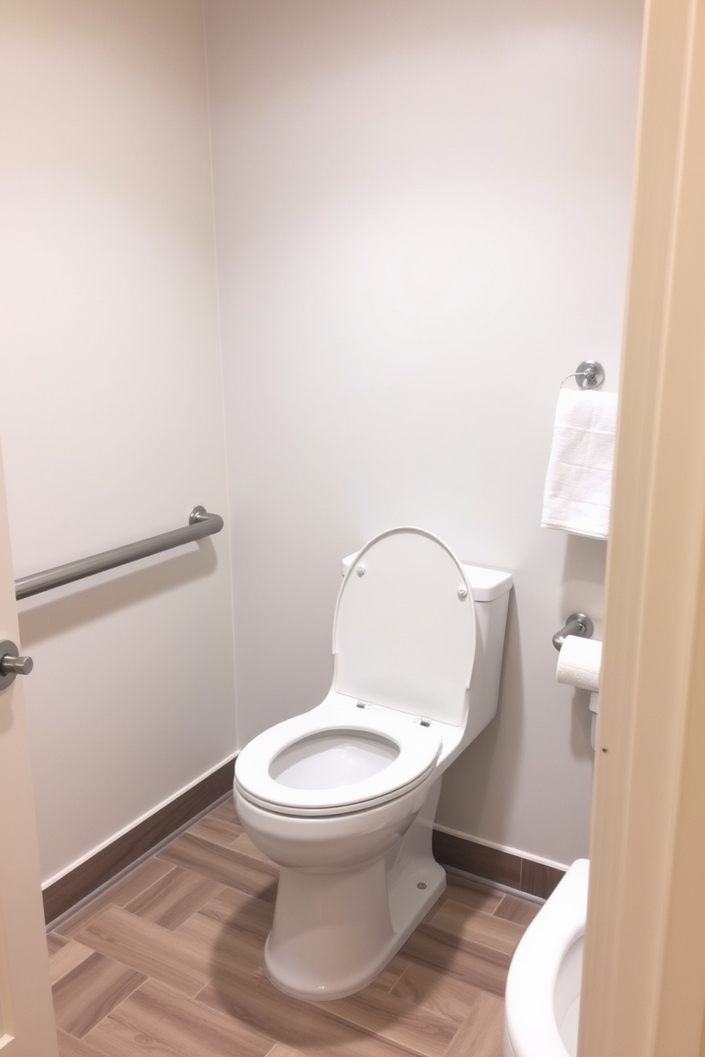 A spacious ADA compliant bathroom features non-slip flooring in a warm grey tone that enhances safety and accessibility. The layout includes grab bars beside the toilet and shower, ensuring ease of use for individuals with mobility challenges. The shower area is designed with a roll-in feature, complete with a built-in bench and handheld showerhead. Soft, ambient lighting illuminates the space, creating a calming atmosphere while highlighting the sleek, modern fixtures.